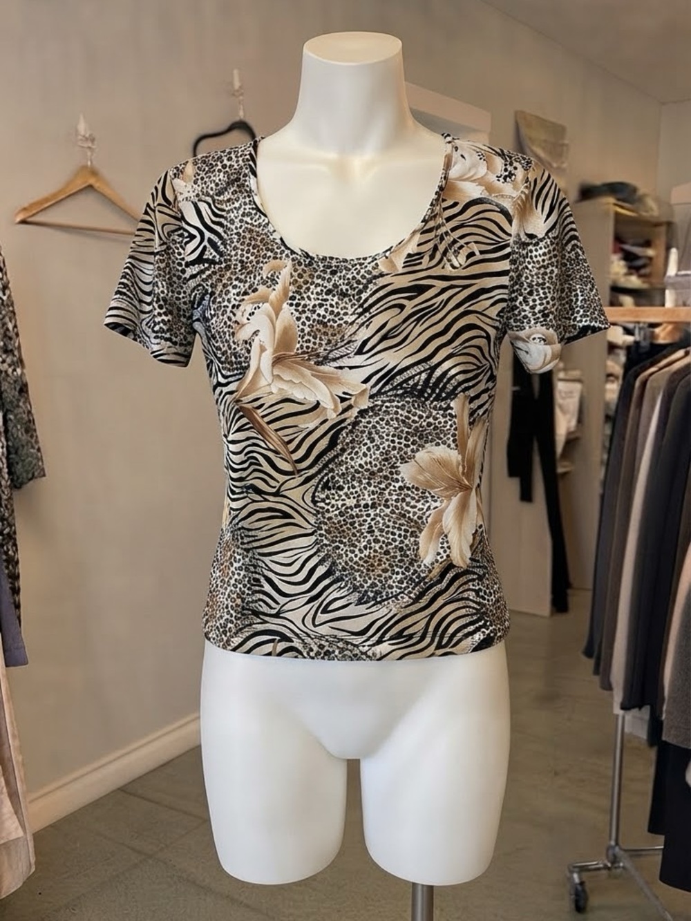 Whimsygoth Y2K Mixed Animal Print Floral Short Sleeve Blouse Top Size Small